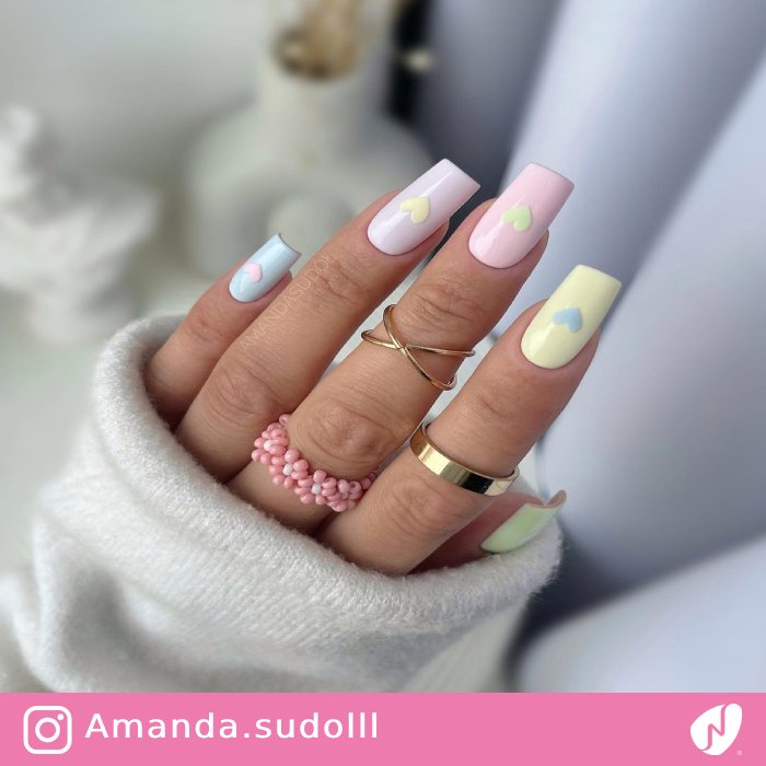 Rainbow Pastel Nails with Hearts